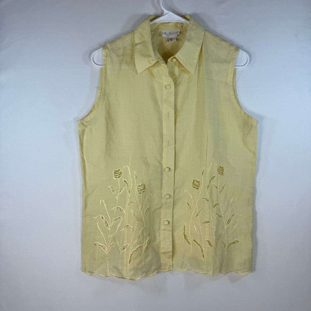 Le Gala Women 100 Linen Sleeveless Button Down Shirt Yellow Floral Embroidered M